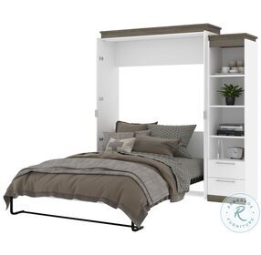 Orion White And Walnut Grey 84" Queen Murphy Bed And Narrow Shelving Unit With Drawers