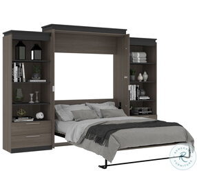 Orion Bark Gray And Graphite 124" Queen Murphy Bed And 2 Shelving Units With Drawers