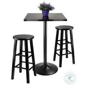 Obsidian Black 3 Piece Square Counter Height Dining Set with 2 Wood Stools