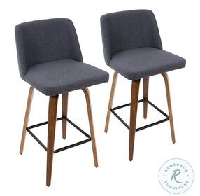 Toriano Walnut And Blue Fabric With Square Black Footrest Counter Height Stool Set of 2
