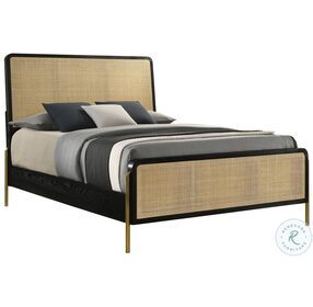 Arini Black And Natural Woven Rattan Queen Panel Bed