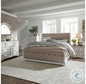 Magnolia Manor Antique White And Weathered Bark Upholstered Sleigh Bedroom Set