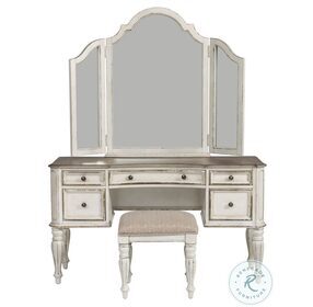 Magnolia Manor Antique White And Weathered Bark Vanity With Mirror and Stool