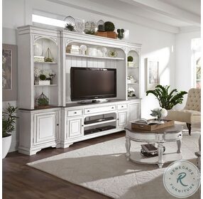 Magnolia Manor Antique White And Weathered Bark Entertainment Wall Unit