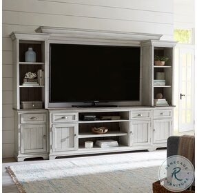 Ocean Isle Antique White and Weathered Pine Entertainment Center with Piers