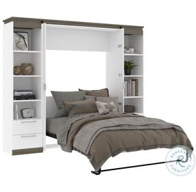 Orion White And Walnut Grey 98" Full Murphy Bed And 2 Narrow Shelving Units With Drawers