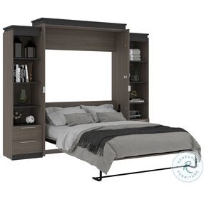 Orion Bark Gray And Graphite 104" Queen Murphy Bed And 2 Narrow Shelving Units With Drawers