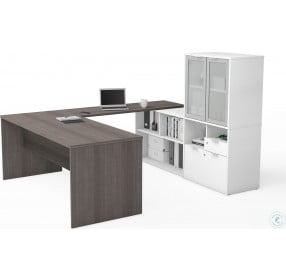 I3 Plus Bark Gray and White U Desk with Frosted Glass Door Hutch
