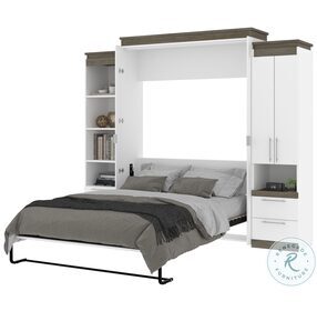 Orion White And Walnut Grey 104" Queen Murphy Bed And Narrow Storage Solutions With Drawers