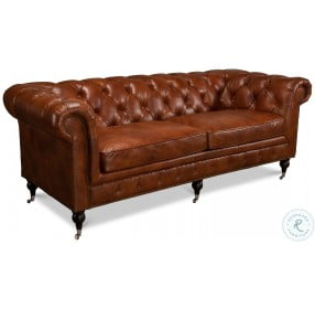 English Vegetable Brown Tufted Club Leather Sofa
