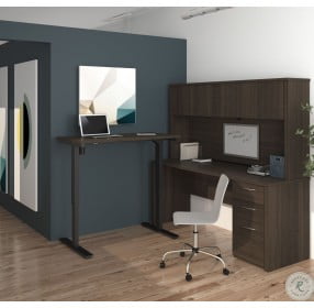 Embassy Dark Chocolate L Desk with Hutch and Electric Adjustable Height Table