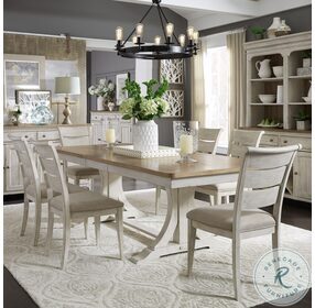 Farmhouse Reimagined Antique White And Chestnut Trestle Extendable Dining Room Set