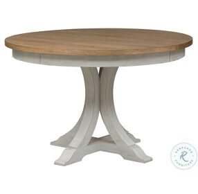 Farmhouse Reimagined Antique White And Chestnut Pedestal Extendable Dining Table