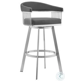 Bronson Gray Faux Leather And Brushed Stainless Steel Swivel 30" Bar Stool