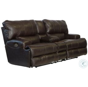 Wembley Chocolate Lumbar Lay Flat Power Reclining Leather Console Loveseat with Power Headrest