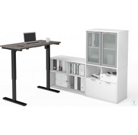 I3 Plus Bark Gray and White Height Adjustable L Desk with Frosted Glass Door Hutch