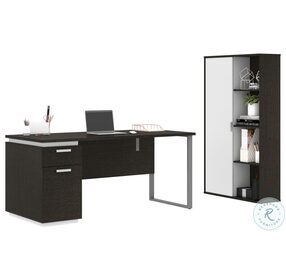 Aquarius Deep Grey And White 2 Piece Desk With Single Pedestal And Storage Unit With 8 Cubbies