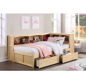 Bartly Natural Pine Youth Bookcase Corner Bedroom Set With Storage Boxes