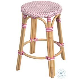 Tobias Distressed White and Pink Rattan 24" Round Counter Height Stool