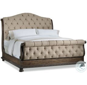 Rhapsody Beige And Rustic Walnut King Tufted Bed