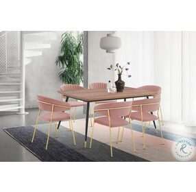 Messina Walnut And Metal Modern Dining Room Set with Nara Pink Velvet Chair