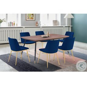 Messina Walnut And Metal Modern Dining Room Set with Messina Blue Velvet Chair