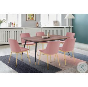 Messina Walnut And Metal Modern Dining Room Set with Messina Pink Velvet Chair