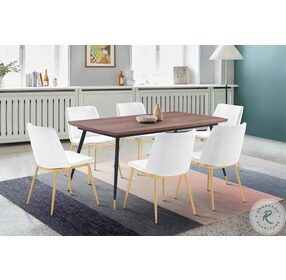 Messina Walnut And Metal Modern Dining Room Set with Messina White Velvet Chair
