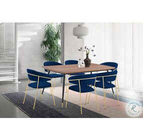 Messina Walnut And Metal Modern Dining Room Set with Nara Blue Velvet Chair