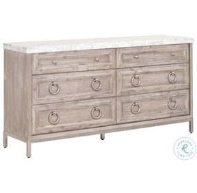 Traditions Natural Gray And White Carrera Marble Azure Carrera 6 Drawer Double Dresser