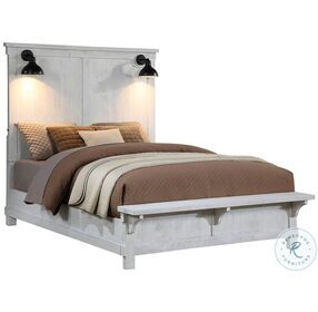 Farmhouse Distressed White Queen Panel Bed with Bench Footboard