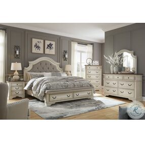 Realyn Chipped White Upholstered Panel Bedroom Set With Bench Footboard