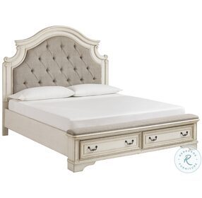 Realyn Chipped White California King Upholstered Panel Bed With Bench Footboard