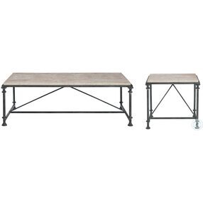 Galesbury Travertine Stone And Antique Silver Metal Rectangular Occasional Table Set