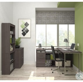 Solay Bark Gray L Shaped Desk with Lateral File and Bookcase