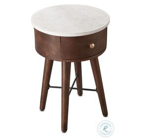 Bangalore White Marble And Brown Cherry 1 Drawer Round End Table