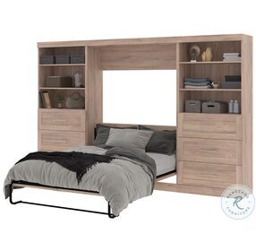 Pur Rustic Brown 131" Full Murphy Bed and 2 Shelving Units with Drawers