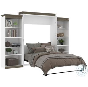 Orion White And Walnut Grey 124" Queen Murphy Bed With 2 Shelving Units