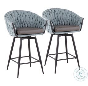 Braided Matisse Blue Fabric And Grey PU With Black Steel Swivel Counter Height Stool Set of 2