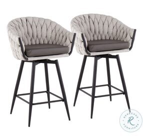 Braided Matisse Cream Fabric And Grey PU With Black Steel Swivel Counter Height Stool Set of 2