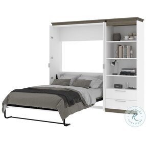 Orion White And Walnut Grey 88" Full Murphy Bed And Shelving Unit With Drawers