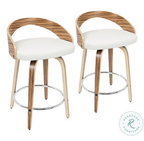 Grotto Zebra Wood And White Faux Leather Swivel Counter Height Stool Set Of 2