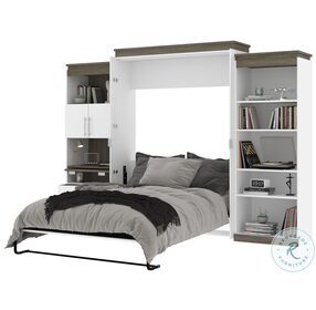 Orion White And Walnut Grey 124" Queen Murphy Bed With Shelving And Fold Out Desk
