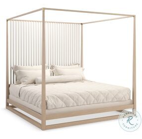 Pinstripe Light Sun Drenched Oak And Almond Milk King Canopy Bed