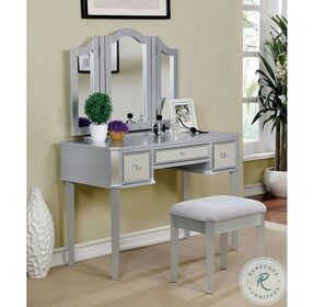 Clarisse Silver Vanity with Mirror And Stool