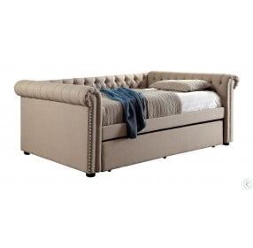 Leanna Beige Upholstered Queen Daybed with Trundle