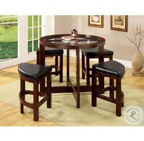Crystal Cove Dark Walnut 5 Piece Glass-Insert Round Counter Height Dining Table Set