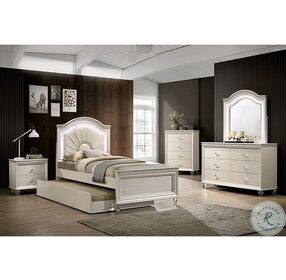Allie Pearl White Upholstered Youth Panel Bedroom Set with Trundle