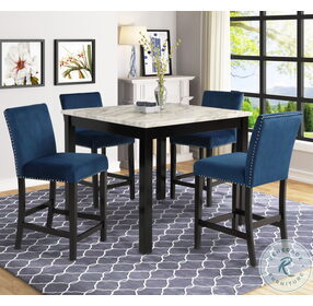 Celeste Espresso 5 Piece Marble 42" Counter Height Dining Set With Blue Chairs
