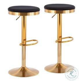 Dakota Black Velvet And Gold Steel Adjustable Upholstered Bar Stool Set of 2